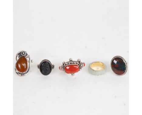 A Chinese 14ct gold and mutton fat jade set eternity ring, and 4 other silver and stone set rings (5) 