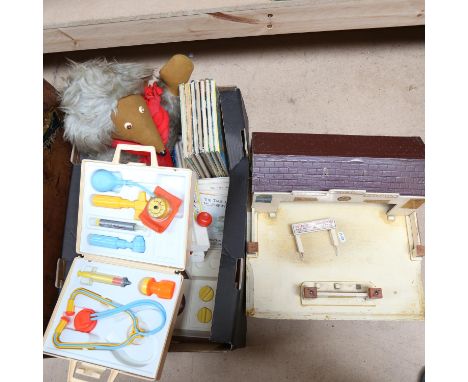 Various Vintage toys, including Minic service station, Beatrix Potter books etc (boxful) 