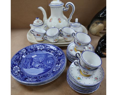 3 Doctor Syntax blue and white transfer printed plates, 26.5cm, an Italian coffee set made for Harvey Nichols, and a pair of 