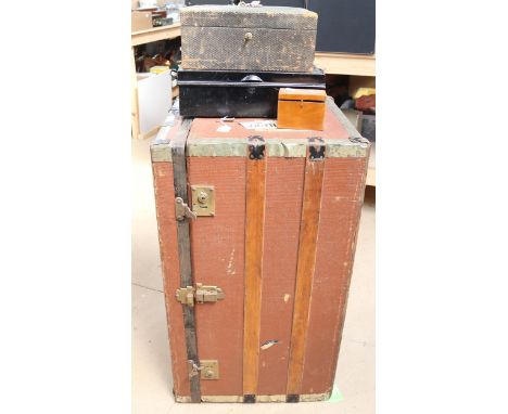 A Vintage cabin trunk with stickers, length 90cm, a tin Deed box, and 2 other boxes 