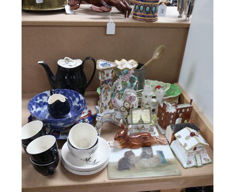 Various ceramics, including watercolour on porcelain panel, depicting 2 kittens, monogram BB, a Royal Doulton recumbent hare 