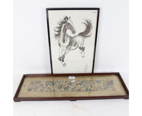A Chinese silk embroidered panel, with Kylin and flowers in Hongmu frame, and an Oriental horse print (2) 