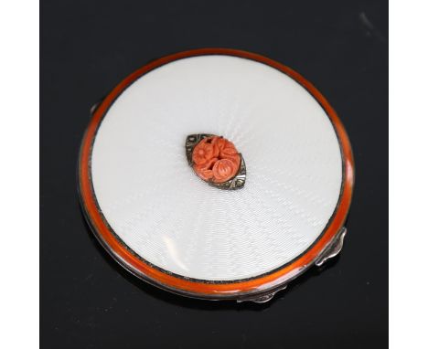 An Art Deco silver enamel coral and marcasite circular compact, by Adie Brothers Ltd, hallmarks Birmingham 1936, diameter 7cm