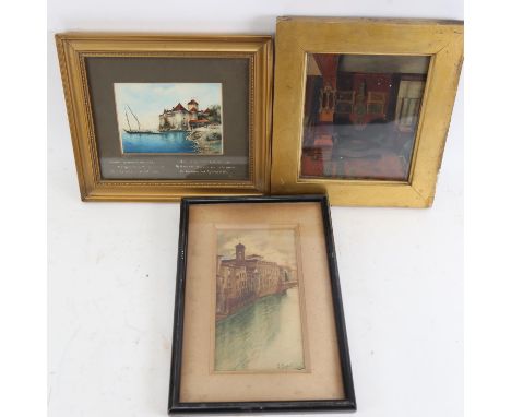 3 small watercolour and oil paintings, artists include A M Cooper and G Castellucci (3) 