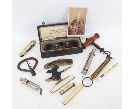 Various Vintage corkscrews, staghorn-handled saynor folding knife, penknives etc (boxful) 