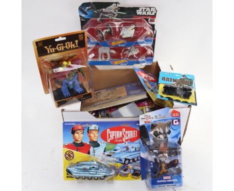 Various toy figures and vehicles, including Captain Scarlet Spectrum Pursuit vehicle, Hot Wheels Star Wars Tie Fighter and Gh