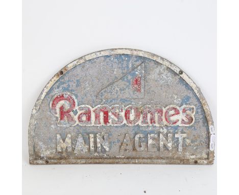 A Vintage painted aluminium Ransomes Mowers Main Agent advertising sign, 33cm x 54cm 