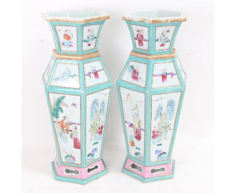 A pair of Chinese famille rose hexagonal baluster vases, figural decoration with seal marks on base, height 33cm 