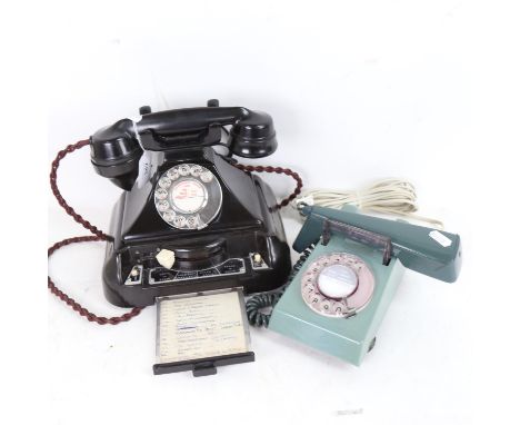 A Vintage black dial telephone, and a green wall-hanging example, both converted to modern (2) 