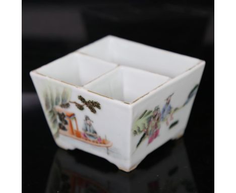 A Chinese famille rose tapered square-section inkwell, figural decoration with seal mark on base, height 6.5cm 