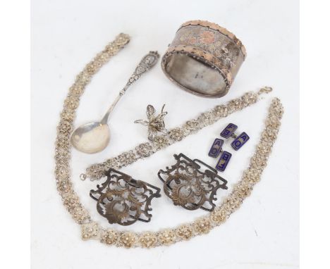 Various silver and jewellery, including Victorian tri-colour gold mounted hinged bangle, hallmarks Birmingham 1885, Danish sp