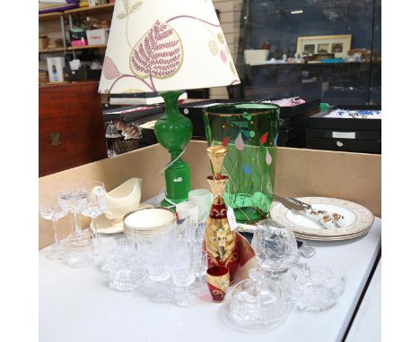 Wedgwood glassware, table lamp, painted Art glass vase, height 33cm etc 