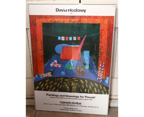 A framed David Hockney poster, "paintings and drawings for parade", Riverside Studios London, height 100cm 
