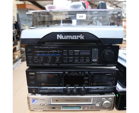 Various sound equipment and stacking hi-fi, including Akai GX-W45 cassette deck, Trio K-74 stereo amplifier, pair of Teac LS-