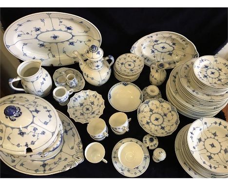 A Royal Coppenhagen part dinner service and tea set, blue fluted pattern to include dinner plates, side plates, platters, ser