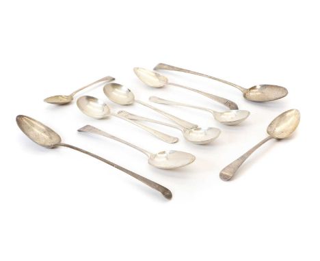 A collection of Georgian and later Old English pattern silver flatware, a pair of basting spoons, London, 1802, 30.5cm long, 