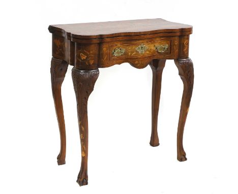 A Dutch mahogany card table, foliate marquetry, on carved cabriole legs, 70cm wide35-70cm deep79cm highCondition ReportMinor 