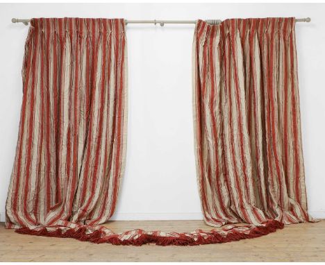 A pair of red and cream striped linen curtains of recent manufacture, lined and interlined, together with a tassled pelmet ea