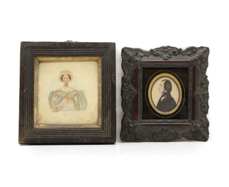 English School c.1840 A naive portrait of a lady wearing a bonnet, watercolour, in an ebony frame, 21.5 x 20cm, and Ralph Ste