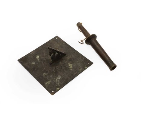 A brass sundial plate, engraved with a verse to the outer border, inscribed 'Thomas Stone', with a fret-cut dolphin gnomon,18