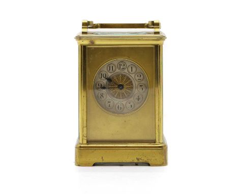 A brass carriage clock, with key, 14.5cm high, 18cm overallCondition ReportTarnished. Fair. Not working