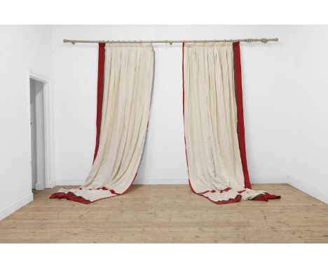 Three pairs of off white silk curtains, bordered in crimson and a narrow line of mauve78cm wide 345cm long each (6)Condition 
