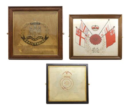 A collection of military needlework, to include a Dorsetshire regimental sampler, in an oak frame 53cm wide54cm deeptogether 