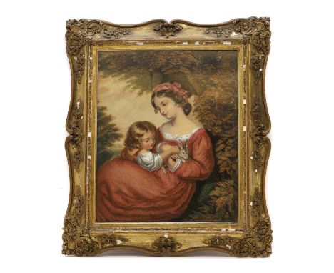 English School Portrait of a mother and child with a rabbit,  watercolour40 x 33cm, gilt framedCondition ReportLosses to the 