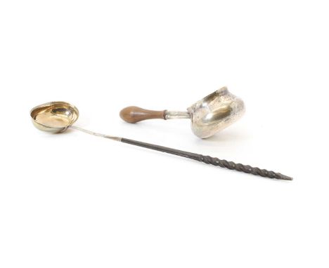 A George I silver brandy warmer,  by John Albright, London 1722, with a turned handle,  18cm long and a Georgian toddy ladle,
