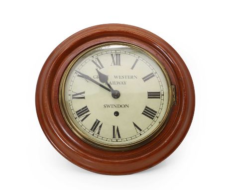 A dial clock 20th Century, the white dial with Roman numerals inscribed 'Great Western Railway, Swindon' within a walnut case