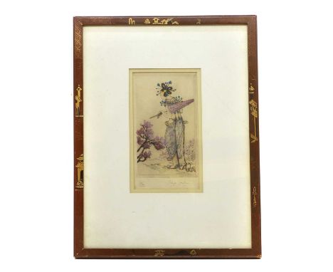 Elyse Ashe Lord (1900-1971) 'Red Azalea',hand coloured etching on paper, signed and numbered 4/85, image 19 x 11.5cm, mounted