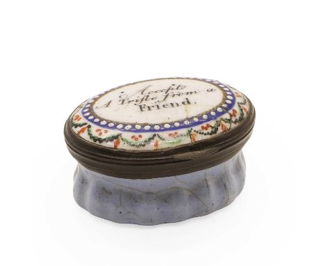 A Bilston enamel patch pot and cover, c.1800, the enamelled top inscribed 'Accept A Trifle from a Friend', the lid mounted wi