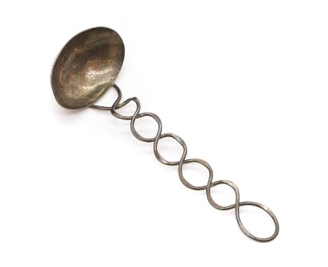 An Arts & Crafts style silver ladle, by Mid-Essex School of Art, London 1972, the twisted handle above a planished bowl,23.5c