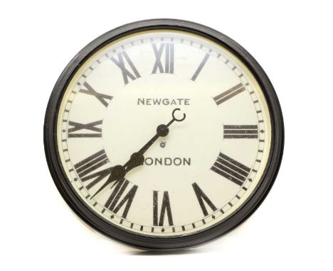 An ebonised cased kitchen clock by Newgate, with white circular dial and Roman, 51cm diameter,Condition ReportBattery operate