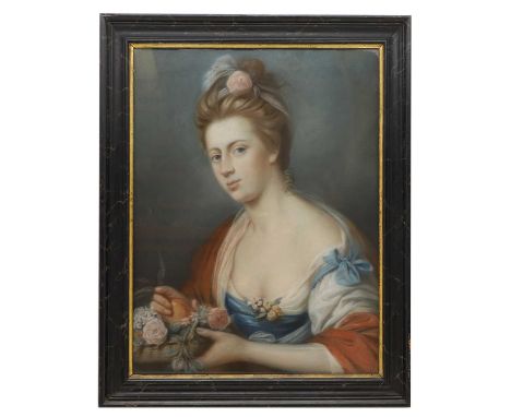 English School Portrait of a lady holding fruit and flowers, pastel, 64 x 48cm, in a painted and veined frameCondition Report