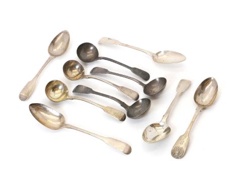 A collection of silver fiddle pattern silver flatware, Georgian and Victorian, comprising five sauce ladles, 18cm long, and f