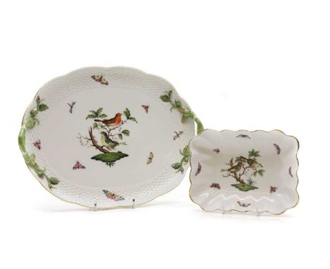 A Herend Rothschild Bird pattern serving dish 20th century, of oval form the handles modelled as branches, printed marks,33cm