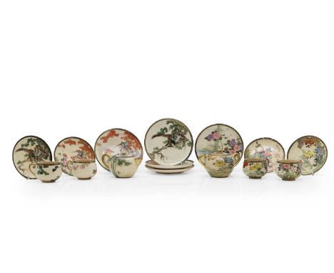 A part collection of Japanese Satsuma ware tea service, Showa period (1926-1989), comprising: a teapot, a sugar bowl, four cu