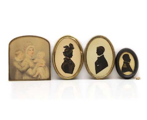 English School, c.1810 a charming family portrait of a mother, son, and baby, watercolour, in an arched brass and velvet-back