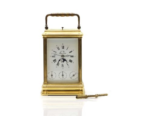 A L'Epee brass carriage clock 20th century, with repeater, a moonphase to the enamelled dial, with further subsidiary dials f