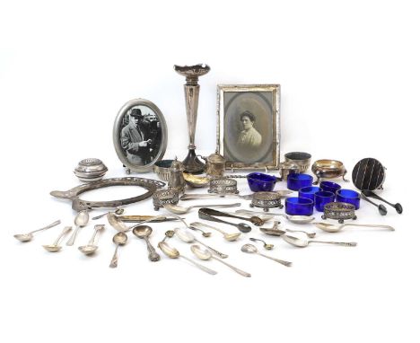 A collection of silver items, to include  a set of four 800 standard salts, two silver photograph frames, a tortoiseshell box