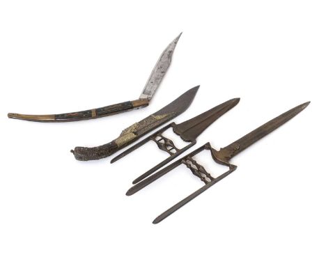 Two Indo-Persian katar daggers,  19th century,  43.5cm and 30.5cm overall; togeher with a Sri Lankan piha kaetta knife,  with