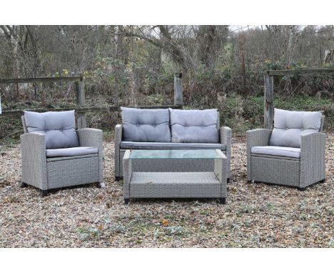 A collection of modern garden furniture, modern, comprising: two armchairs, 67cm wide,a settee, 124cmwide,  and a table, with