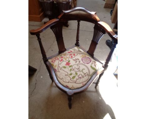 Edwardian Harp backed corner chair with upholstered seat and cruciform supports, from the Lord De Ramsey