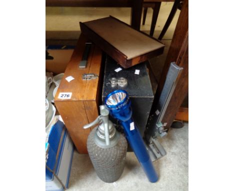 2 Wooden cases of tools, Vintage Soda syphon, Maglite and tools
