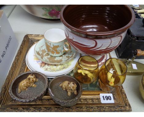 Pr. Of Wade Staffordshire Dog Basket figures, Gesso framed print and assorted pottery