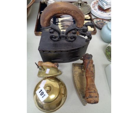 Liptons Brass tea caddy, Cast Iron Flat Iron, engraved Brass Flat Iron and a smaller iron