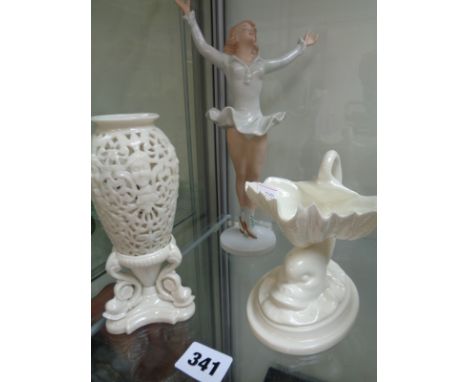 Royal Worcester Blanc De Chine Bon Bon dish, Reticulated Parian vase on stand and a Deco figure of a Ice