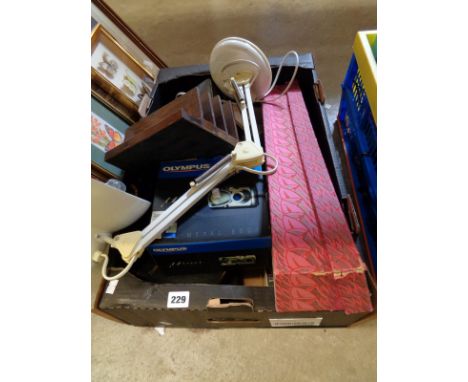 Box of bygones inc. Horse Hair Whip, Camera, Desk lamp etc.