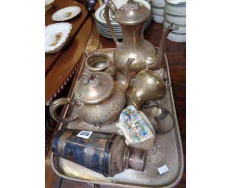 4 Piece Silverplated engraved teaset on galleried two handled tray, Silverplated cocktail shaker and a sucrier